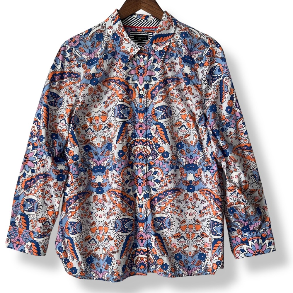 Talbots L Button Up Blouse 100% Cotton Blue Orange Paisley Floral Preppy Boho